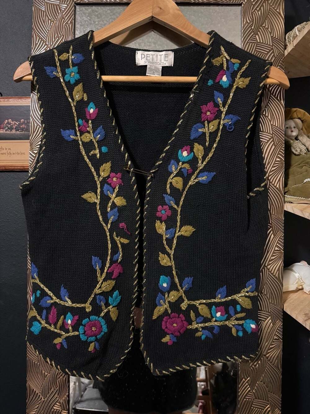 Petite Sophisticate Vintage Black Knit Floral Embroidered Vest